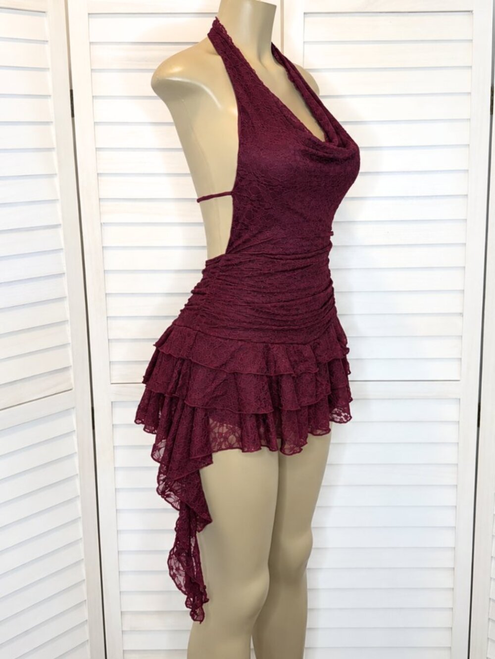 Heart & Hips Deep Burgundy Lace Ruffle Halter Mini Dress (Romper)